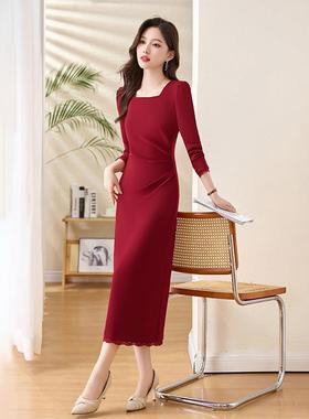 红色连衣裙女长袖2ZZI5658R025秋感新款高级春气质名媛式方领修身