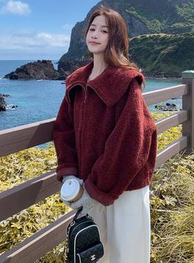 复古冬色大翻红领羊羔毛绒外套仿女20C237-87025新款好看皮毛一体