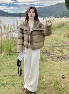 绿色针设织拼接羽绒服小女个子2025冬新款韩加厚计感白鸭绒外C135