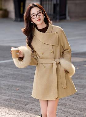 女式毛呢外套2025冬新衣款季毛双面大袖口斗篷呢外套配腰带HMHM85