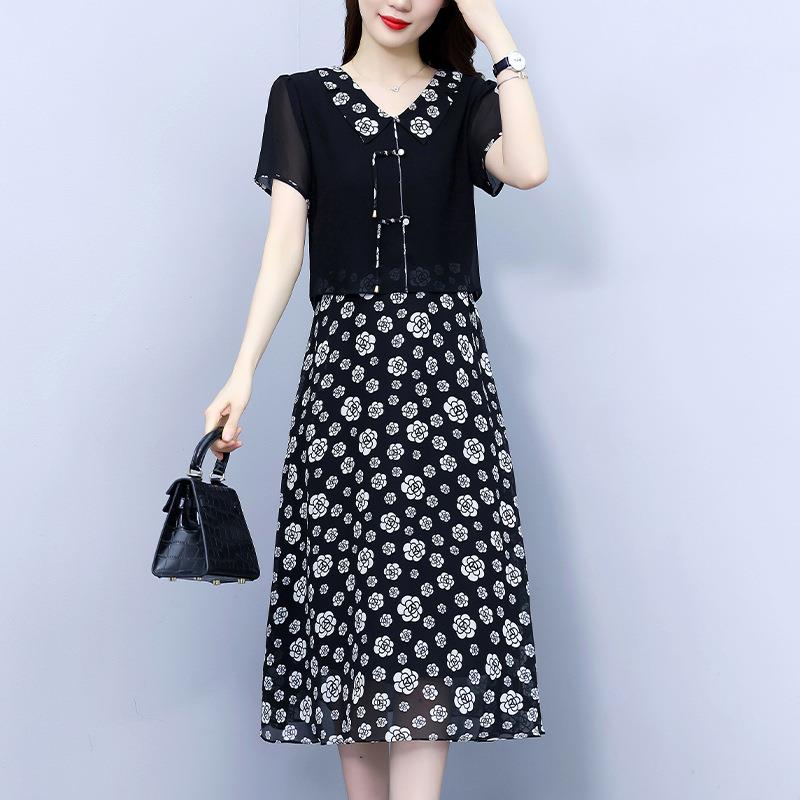 哥弟情假两件雪UP809纺连衣裙夏华季新显款中年妈妈瘦遮女肚子长