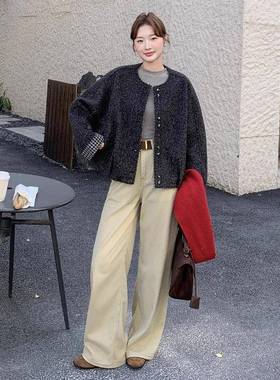 灰色格拼子接子羊羔仿皮C075-882毛一体女秋冬毛2025新款小个短款