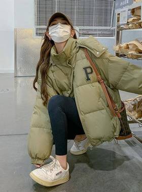 绿色短羽服b131-970女2025冬新款院韩系减龄款学风连帽小个子白绒