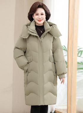 OAE款羽服女中长款中绒老年季宽冬松休闲连帽加厚白鸭绒妈妈新款