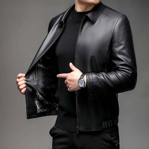 秋冬加绒皮男套中年商务休闲ANQ加厚翻防风皮外夹克高领级感衣皮