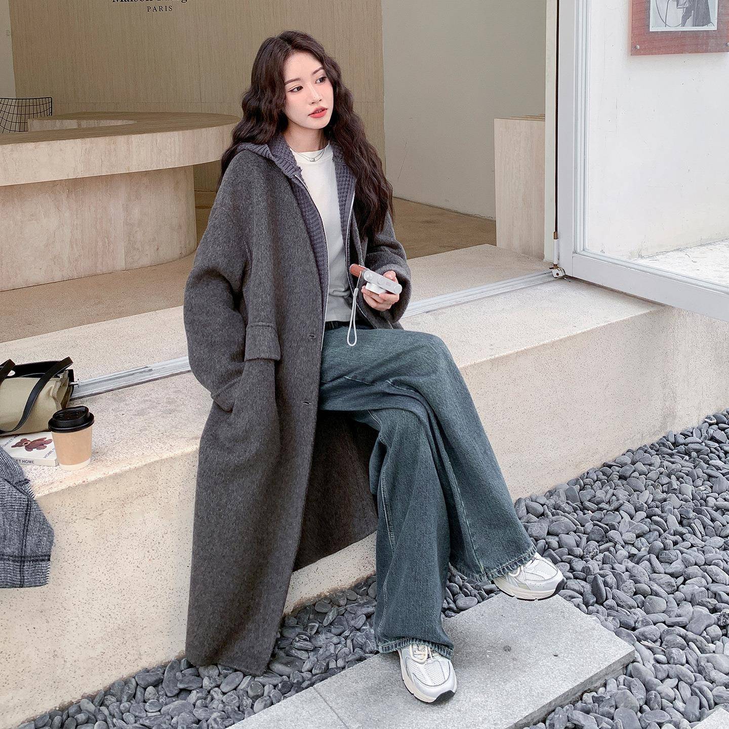 马灰色复古英风双面呢羊毛大衣套装女225秋冬新D082-G08伦款0针织