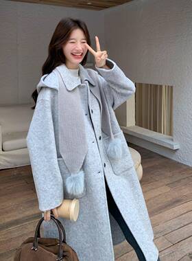 浅灰可拆连帽双C375-250面呢羊色卸毛大衣女2025冬气时尚中长质款
