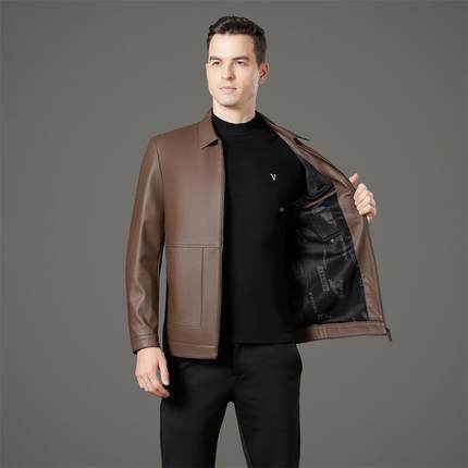 海新款宁软爸皮中衣男秋冬加绒XOX翻领皮夹克男士老年爸装绵羊皮