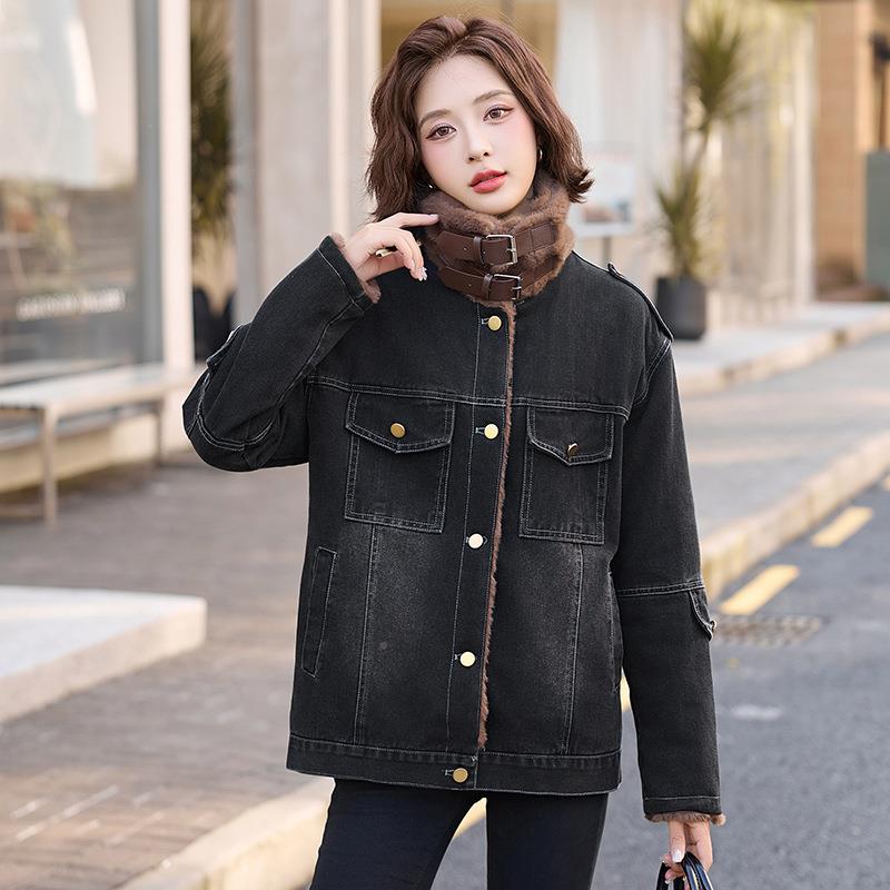加冬绒保牛仔套2外024年ZMENG517季暖新款时尚翻领单排扣女装显瘦
