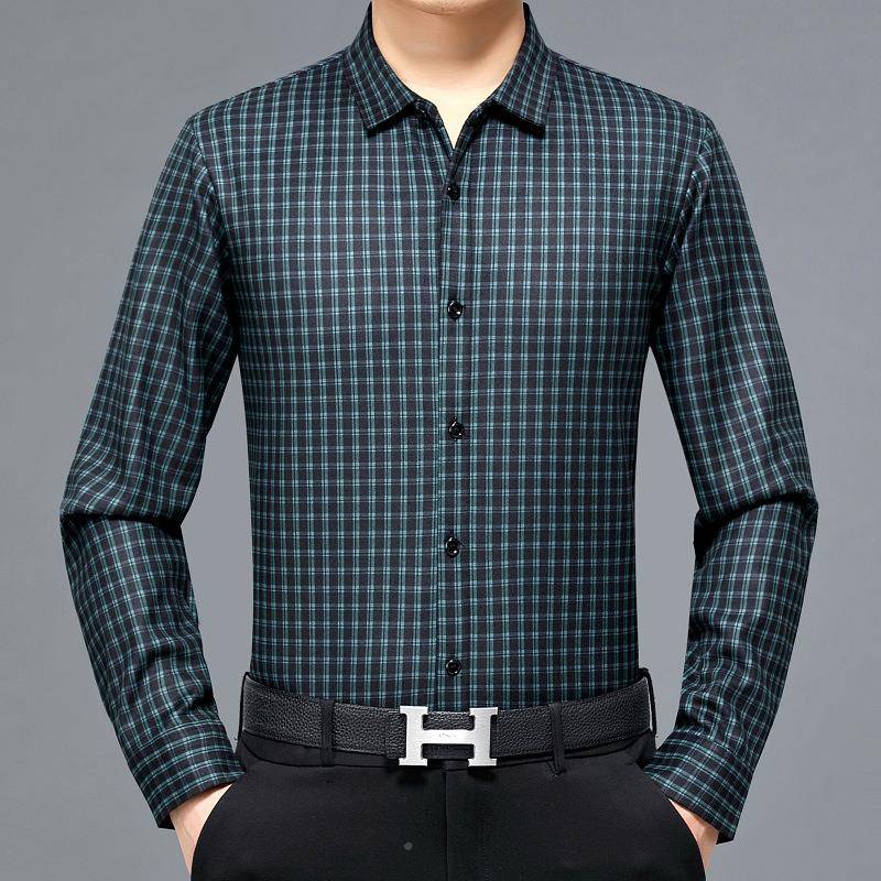 202加3冬季长袖羊衬衫免烫格子中年男士保暖衬衣绒加绒厚档高4-1-