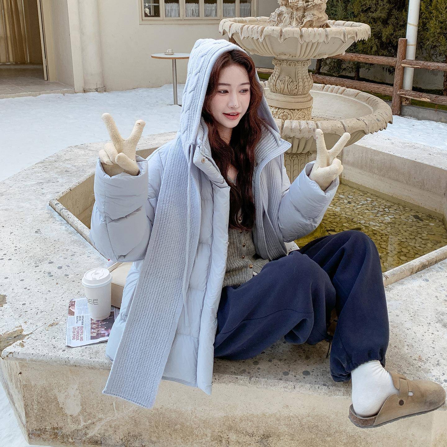 c332-733织蓝色针连短款立领羽绒服女205冬小个子减龄保暖90帽白