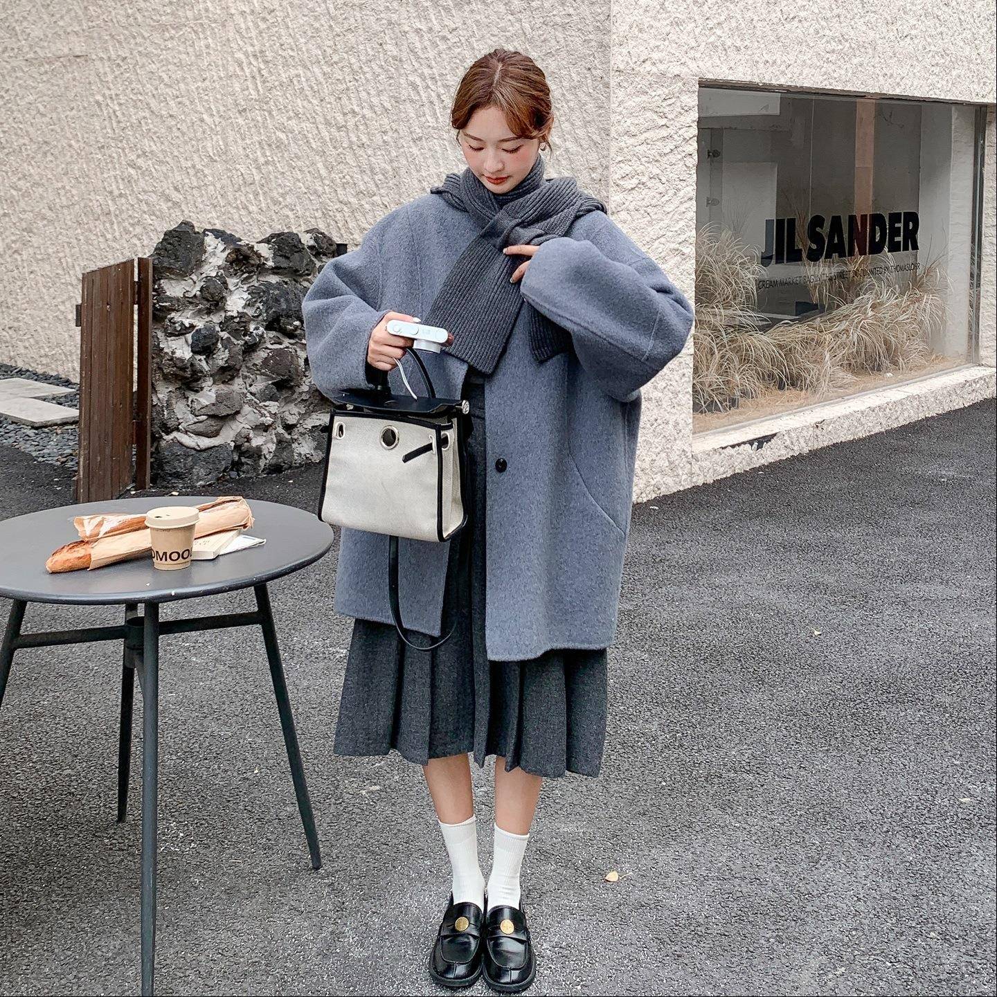 设计感围巾双面羊绒大衣女中冬季2025新D073-661高款级感毛长款羊