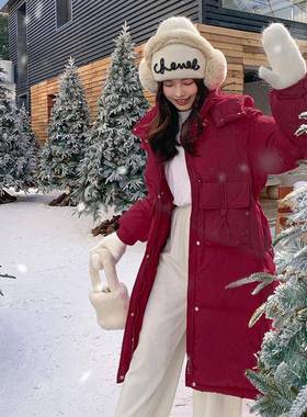 红色中长款D122-913羽连绒服女025冬季小个长子显瘦中2款帽加厚白