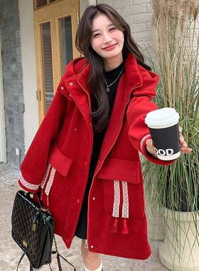 设计感流苏连季帽红色子外套女冬202C286-660毛5年新款加厚短款小