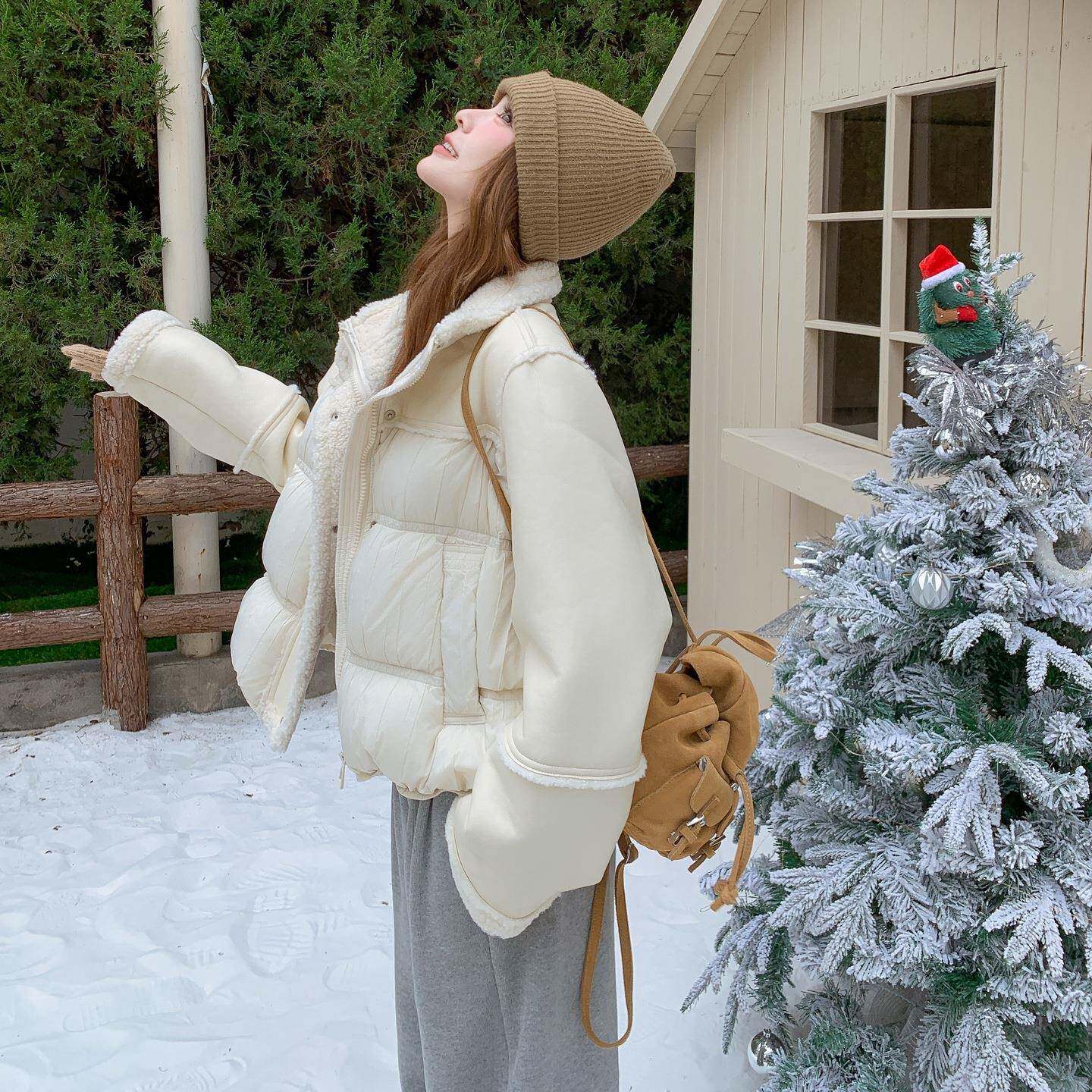 C307-891米色毛绒接短款羽绒服女冬季2拼025新款系尚小个子立韩领