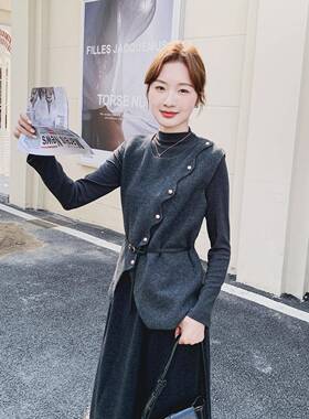 灰色法式古风毛呢套c077-304装女秋冬复件季20身25新款马甲打底衫