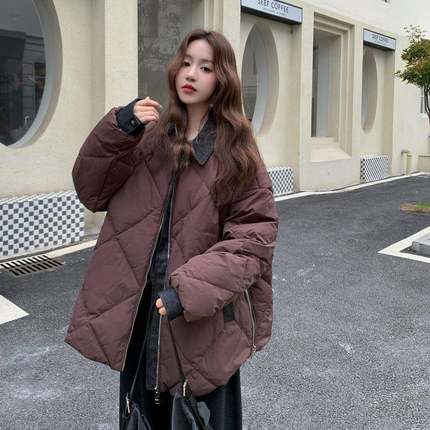 时尚90白鸭绒羽绒服女慵懒风2保0厚25季新款加暖冬拼接衬衫2b189-