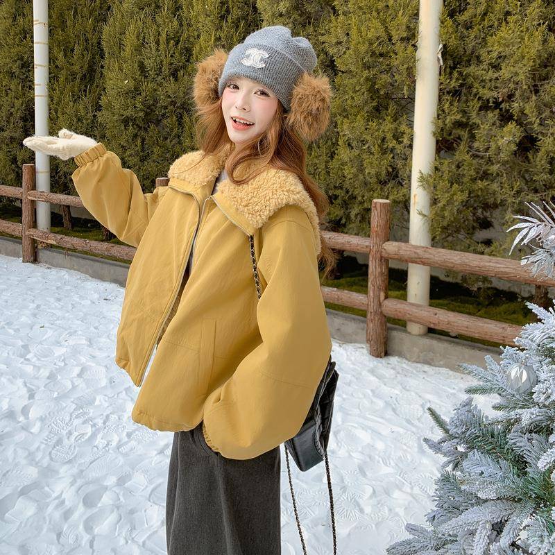 黄羊羔毛大翻暖领色短款派克服女2子025b235-256冬季小个超好看减