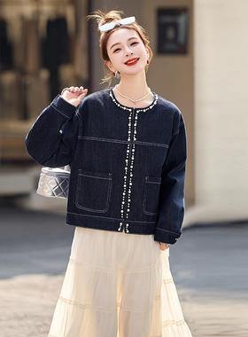 设计感端牛仔外套女20高2年春季新款小香风爆圆领珍珠款ZYI6350K