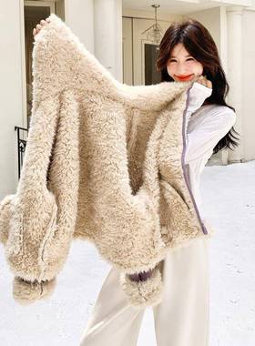 紫色仿看毛皮一体加羊羔毛棉服外套女2025冬加绒厚超好小C155-921