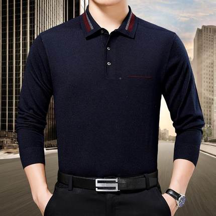 2色02326/1688秋季新款长袖套体恤衫男士纯爸百搭头羊毛T恤爸装