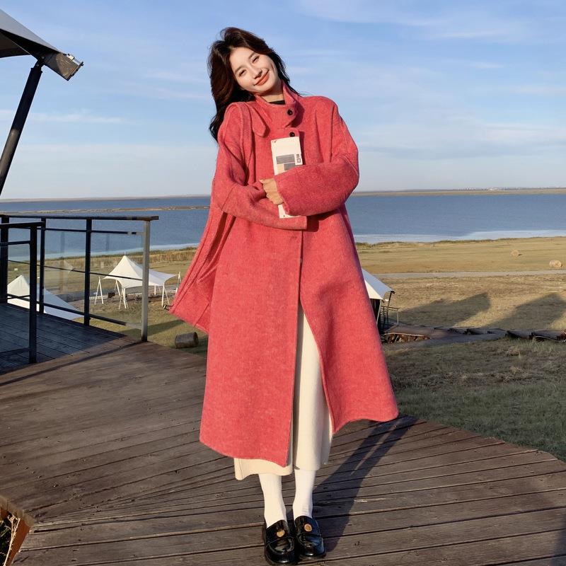 色连2B142-18帽双呢面羊毛粉大衣女2025秋冬新款中长款高级感韩呢
