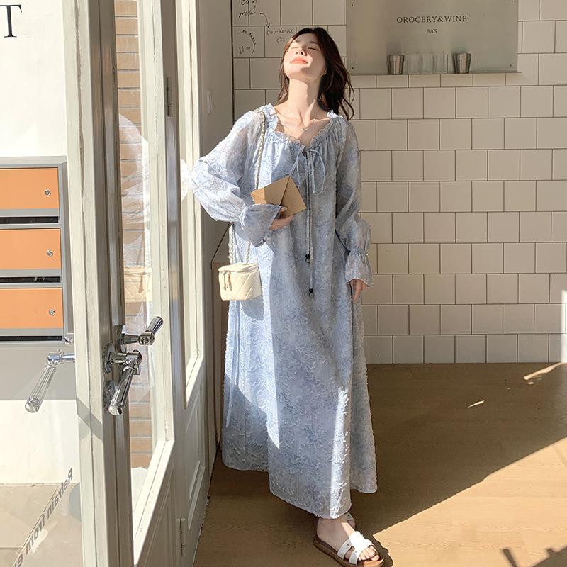 式浪漫蓝花色连衣裙女2025年秋季精新款高级感温柔风致提长法ZZB1