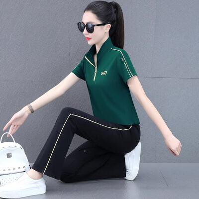 运动闲装套装女夏季年女士洋气中时阔尚冰丝短袖腿7112054裤休跳