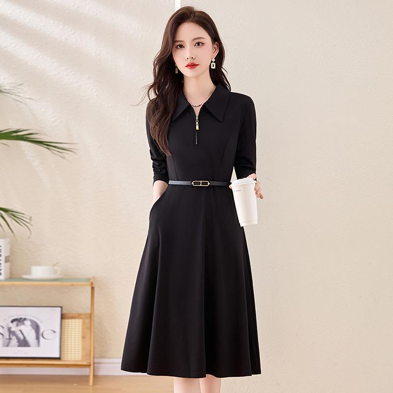 205冬季新品女装时尚气质显瘦长袖收2腰中长款连衣裙LX258-12带配