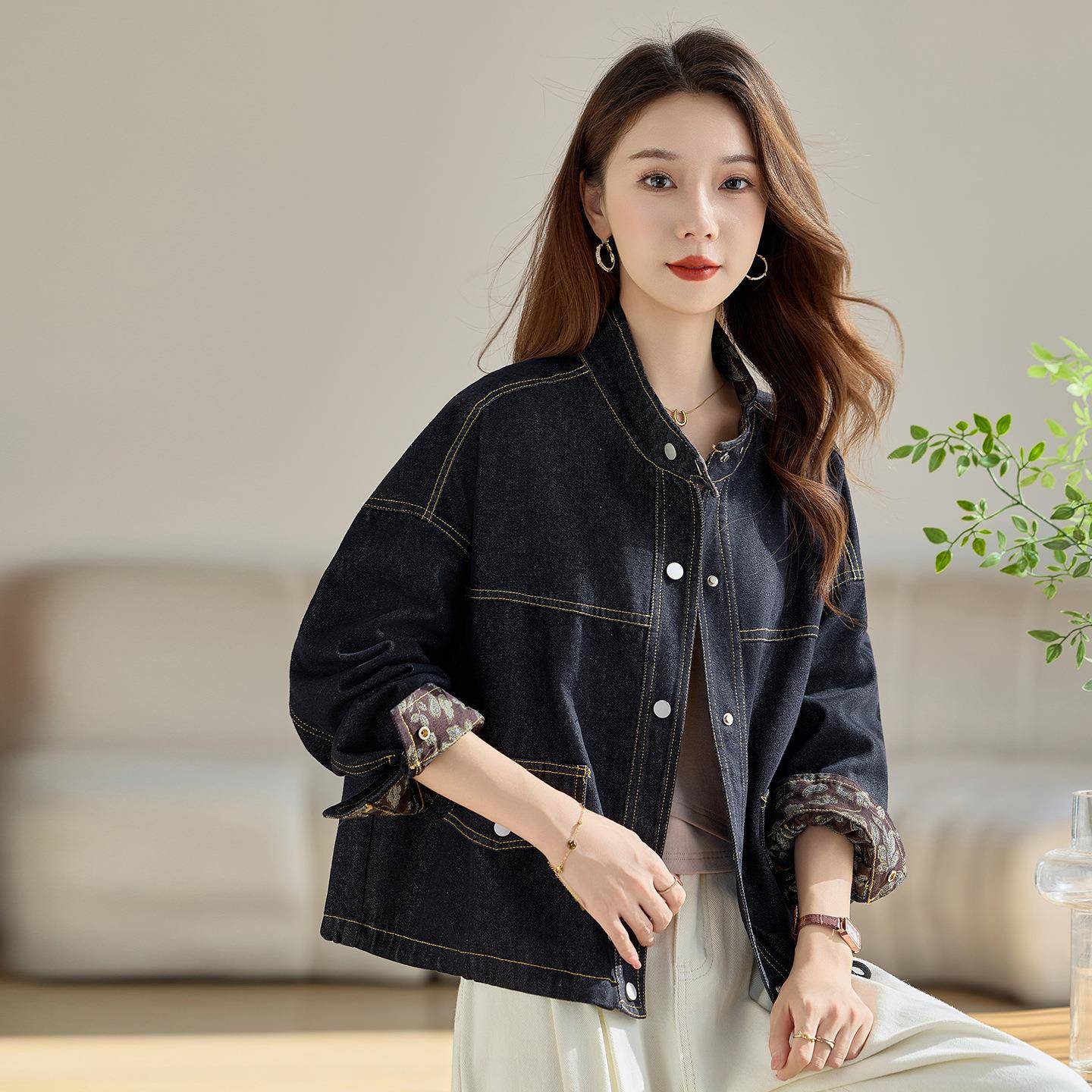 牛YU8962-0U仔外套女2上025领年秋季新款设计感休闲宽松立夹克衣