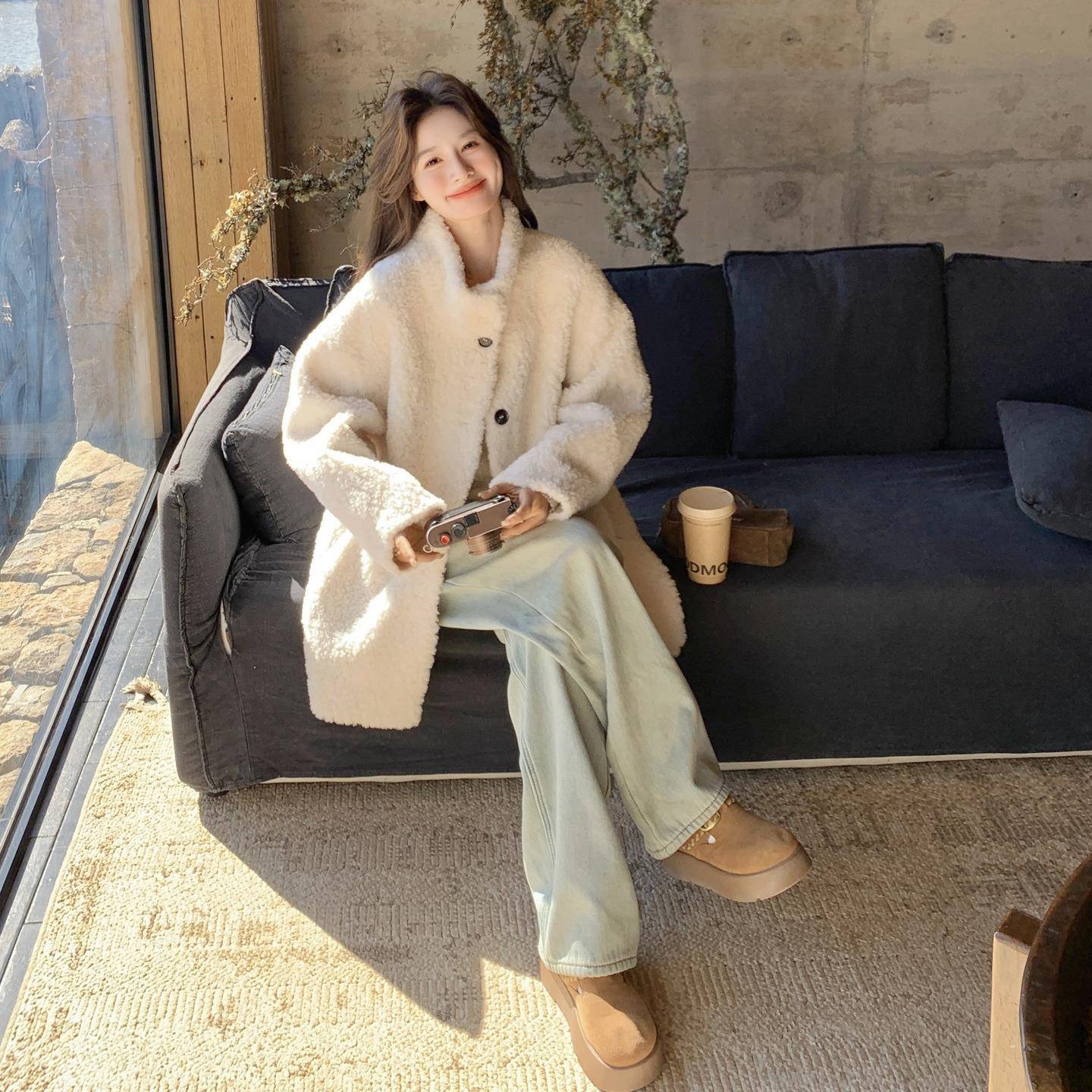 米2B071-50白色软糯仿皮毛一立龄领羊羔外套女体2025冬毛保暖减毛