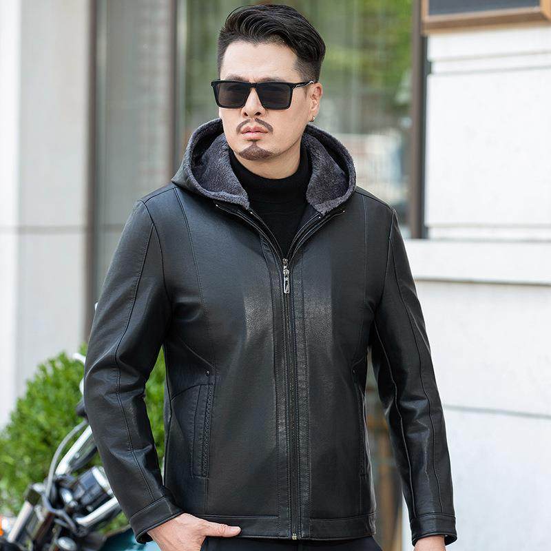 皮冬TIB季新士款皮衣男皮毛一体羊连帽加厚商务休闲外套爸绵爸装