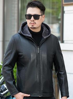 皮冬TIB季新士款皮衣男皮毛一体羊连帽加厚商务休闲外套爸绵爸装