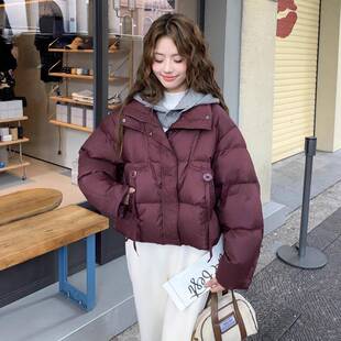 酒红超好D014-909立领羽绒服女看短款2025冬新款韩版色龄加减厚白