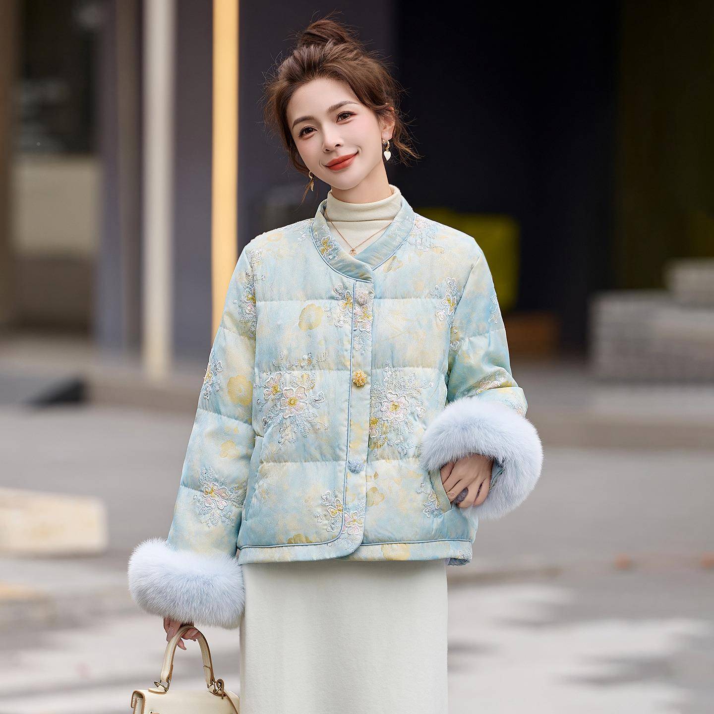 新YH99939-中式国风羽绒季服2女0拼25冬新款毛毛接白鸭绒保暖外套