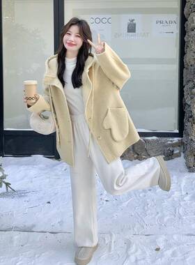 奶黄色连帽双面羊毛大新衣短毛呢子外套女秋2025款学院风小个C028