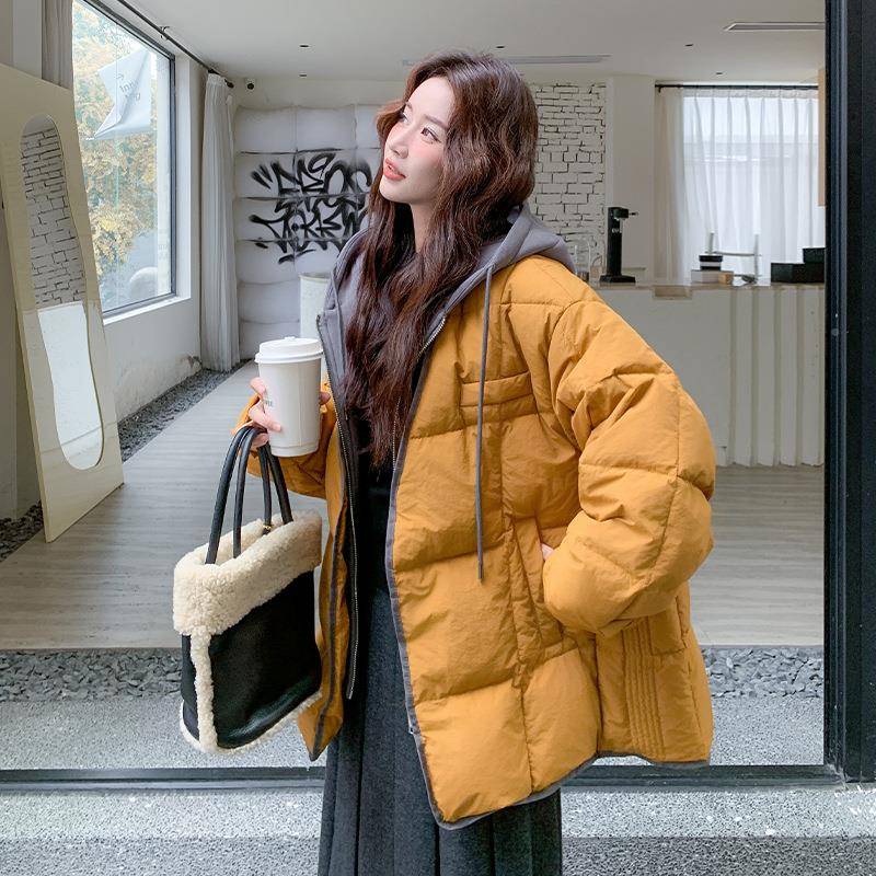 橘黄色时假两件连帽羽绒女冬季2尚0款25新服90白鸭绒休闲D034-693