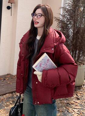 安格拉红色连帽羽服c182-Y81绒女短款2024冬季小个子宽保暖9松0鸭