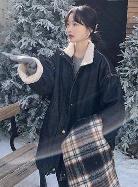 深蓝色仔派服女冬20季25牛新款加绒C075-202加厚今年流行羊羔毛内