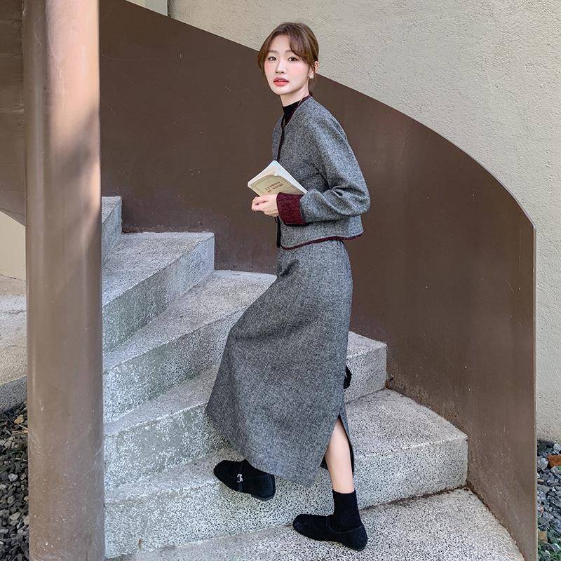 灰色高级羽绒呢套装女2025年秋冬毛新款包边上衣半身裙ZZB176 B两
