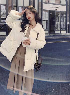 白色羊羔毛厚拼接羽绒服女冬205新款韩版2短款加C132-D21子小个洋