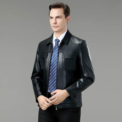 雷总同款翻真皮皮衣外套男百搭休装闲高端夹克爸爸TSU秋领冬新皮
