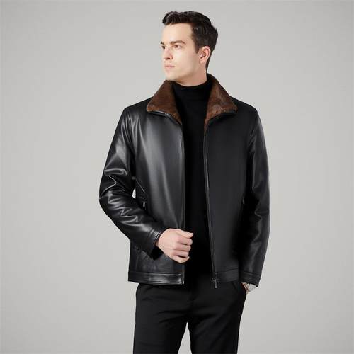 款新闲真皮外皮衣男士冬季加厚皮毛一体翻领绵EDV羊皮夹克爸爸装