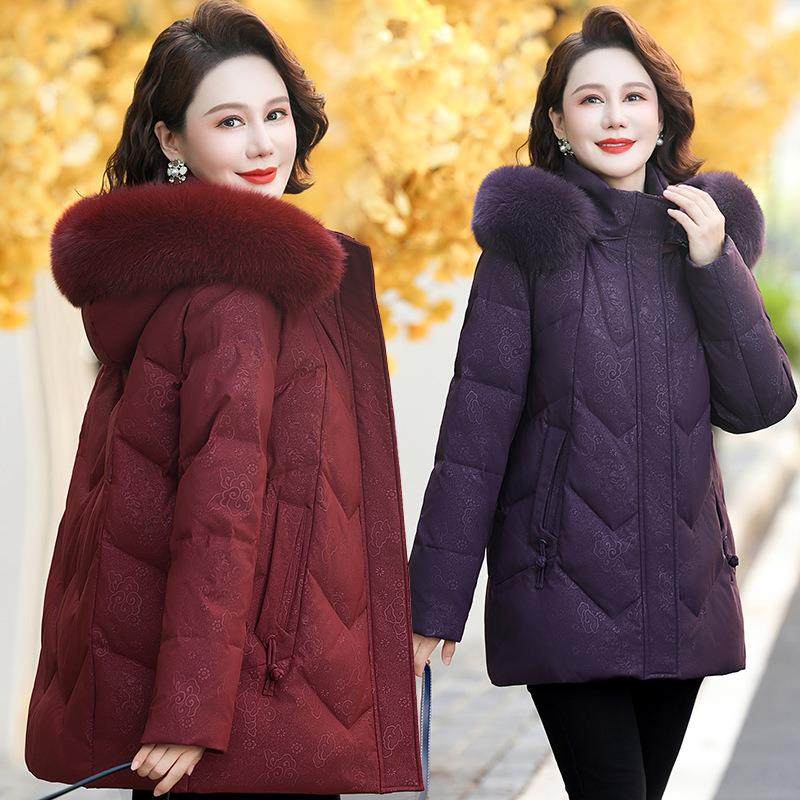 羽QPD绒服女妈冬洋气妈装中长款加厚狐狸领连毛帽老中年婆婆外套