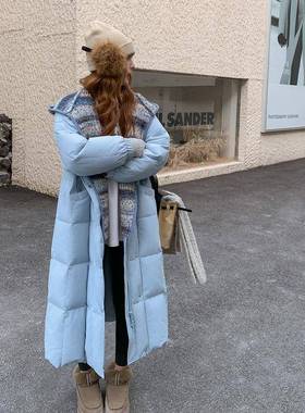 b005-612蓝色长女款羽厚绒服冬季韩系小个子加厚针织连帽过膝加鸭