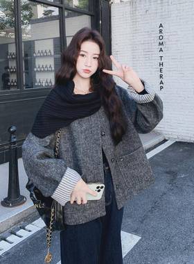 灰色小个子c077-304针织围脖单面呢大0衣女秋冬季25新款松2弛感短