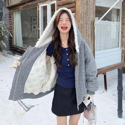 色韩系小香风服女短款2025冬B189-859绒灰季新款拼接毛绒连帽90白