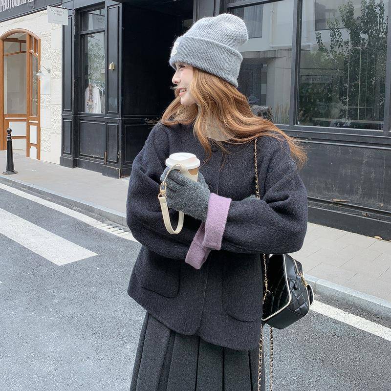 深灰5色法式气质撞双面呢毛大衣女202冬季新款小个羊子色c182-811