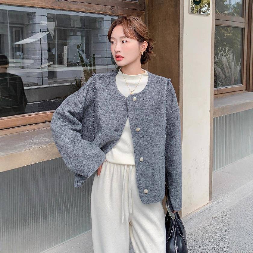 灰色款小香风双面羊毛大衣韩女秋2025新系高冬级感气质毛呢C075-8