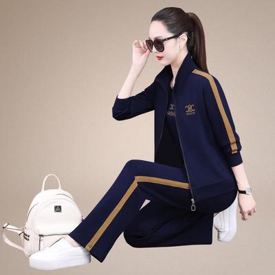 步时尚领休闲运立动服套装女762165士新款衣年开衫修身跑服卫三件